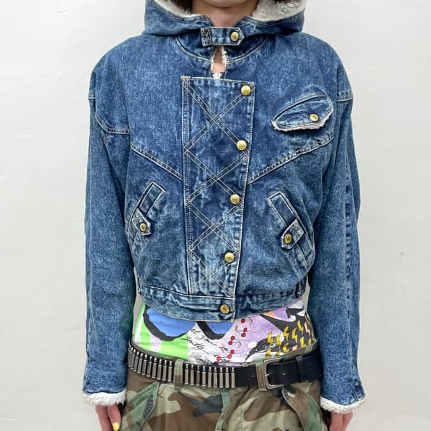 multi-pocket denim cropped hoodie jacket