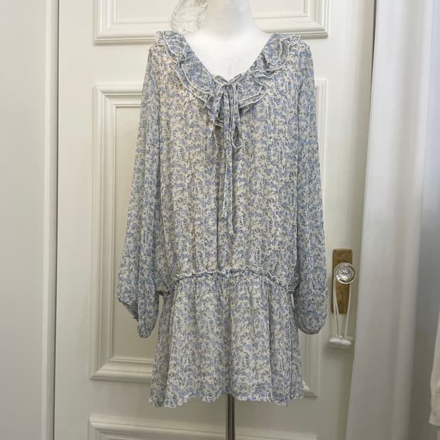 blue flower ruffle lace-up loose opc