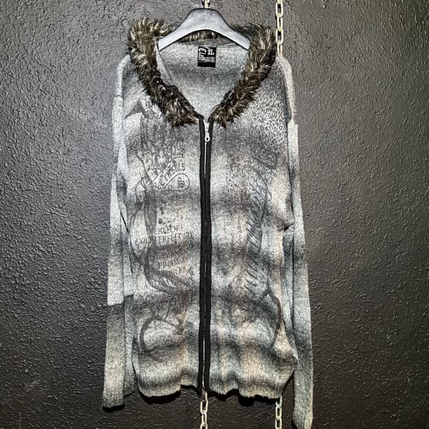 Print Knit Zip Fur Hoodie