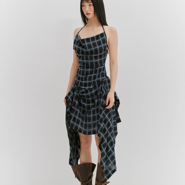 민더리 CHECK DRAPED LONG SKIRT - BLACK