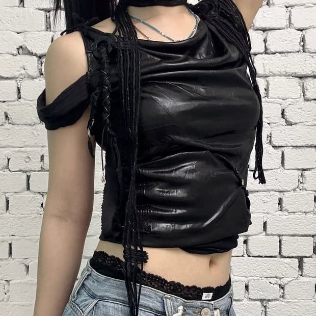 Glossy Off-Shoulder Draped Top with Scar