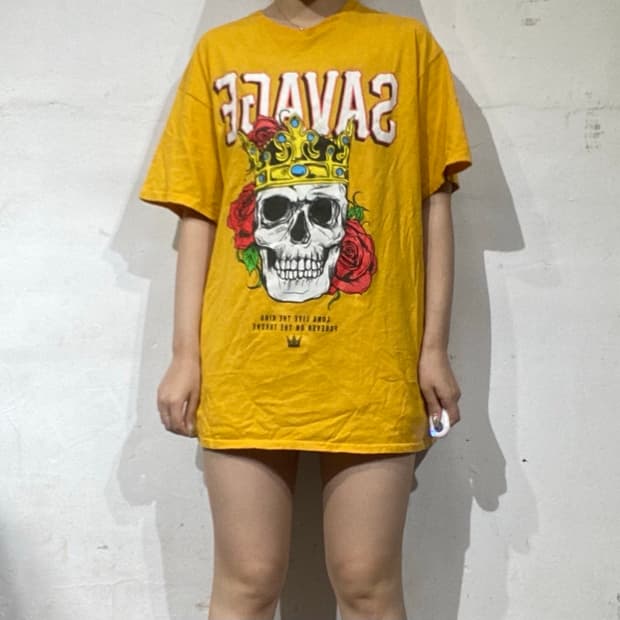 미국 빈티지 SAVAGE 킹 스컬 & 로즈 그래픽 티셔츠 L