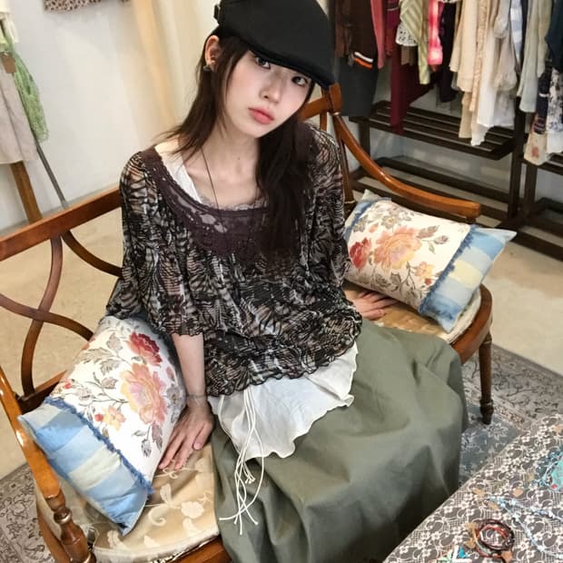 빈티지 카키 브라운 그런지 아메카지 코디 세트