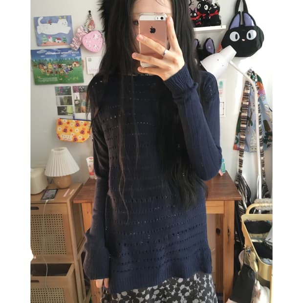 vintage punching hole loose knit navy