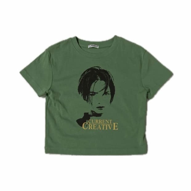 커렌트 90S PRINTED CROP TEE OLIVE GREEN