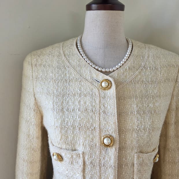 아이보리 레이스 테이핑 진주버튼 트위드 자켓