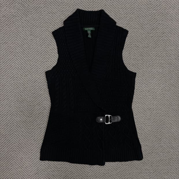 로렌 랄프로렌 블랙 숄카라 니트 버클 베스트 v1070