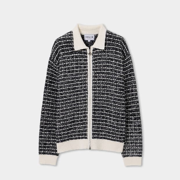 26SS 솔리드옴므 솔옴 블랙 트위드 카라넥 집업 니트