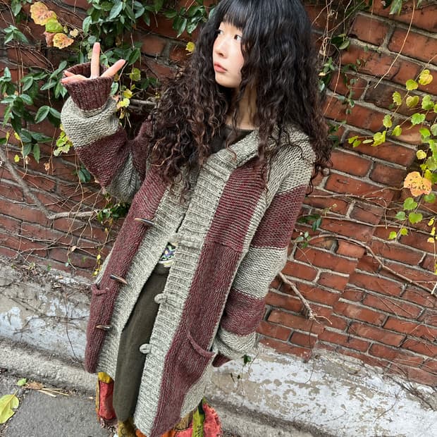 빈티지 버건디 니트 후드 더플 가디건