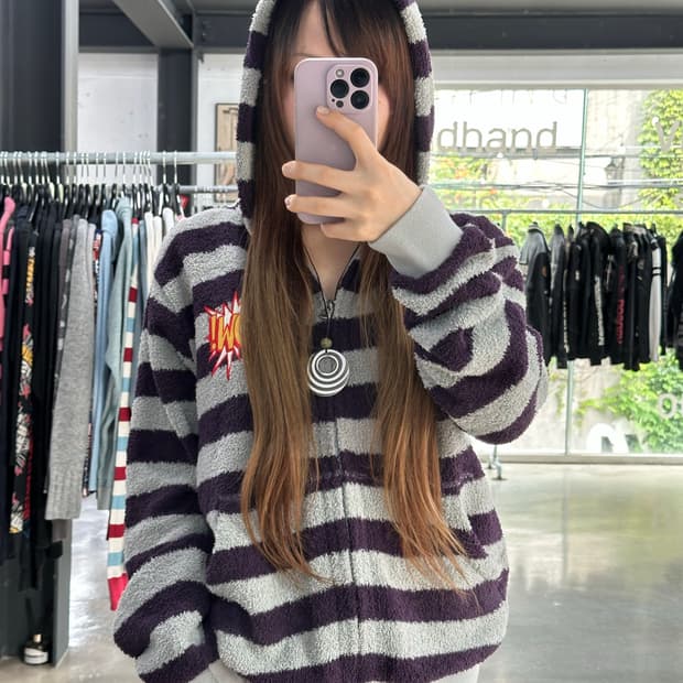 히스테릭글래머 스트라이프 플러피 후드집업