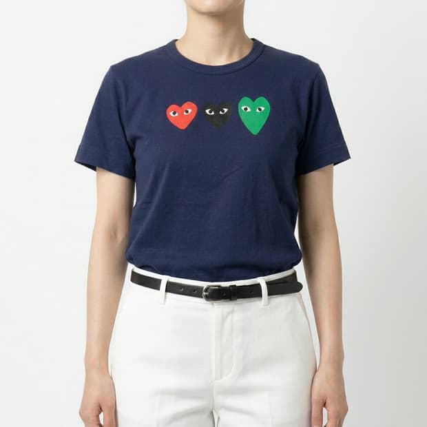 정품 꼼데가르송 플레이 쓰리 하트 로고 반팔 티셔츠 네이비 (L)