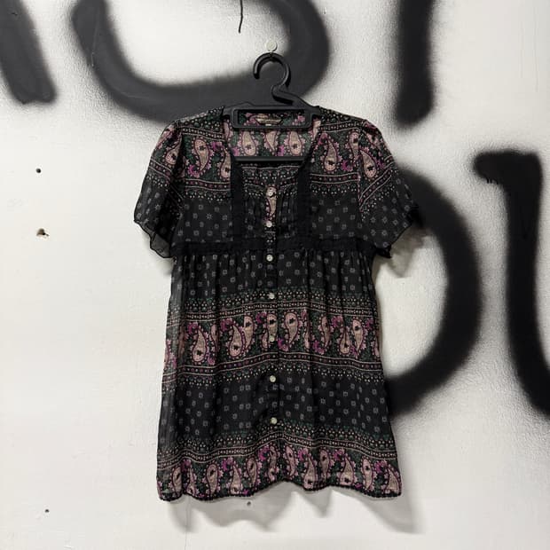 VTG 빈티지 블랙 모리 패턴 시스루 롱 반팔 블라우스