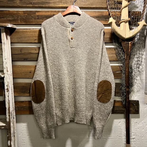 [M]90's Made in USA 헨리넥 엘보패치 멜란지 울 니트