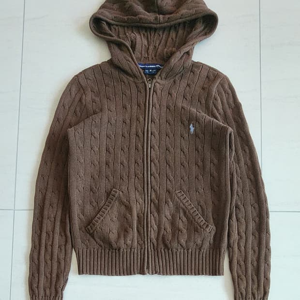 폴로 브라운 꽈배기 니트 후드집업
