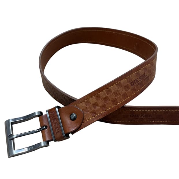 디젤 브라운 체크 레더 벨트