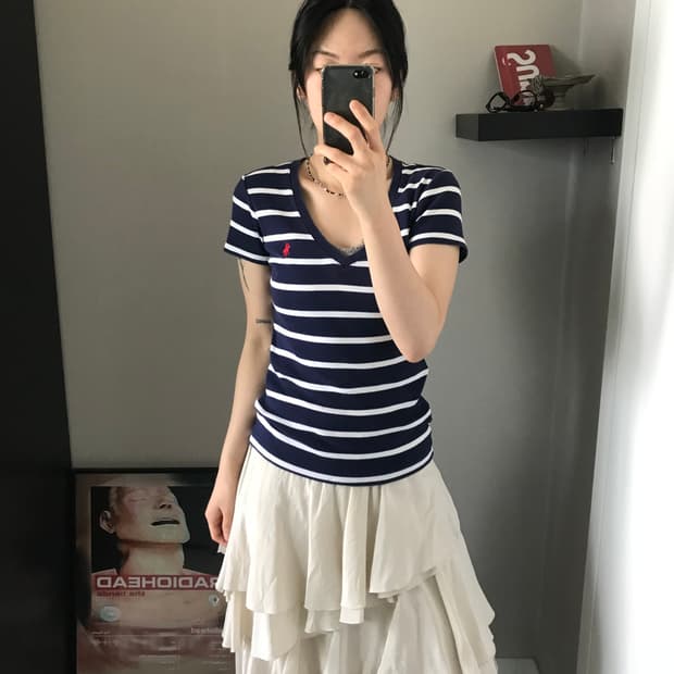 폴로 랄프로렌 포니 로고 스트라이프 브이넥 반팔