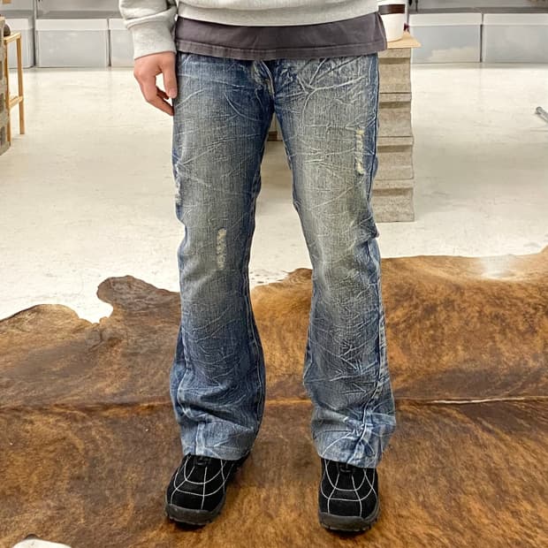 일본 빈티지 하드워싱 커브드 절개 부츠컷