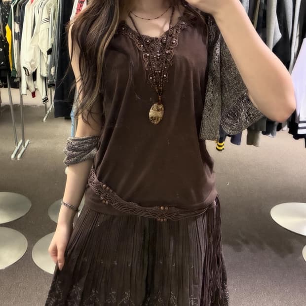 L)Japanese vintage 여성 비즈 디테일 슬리브리스