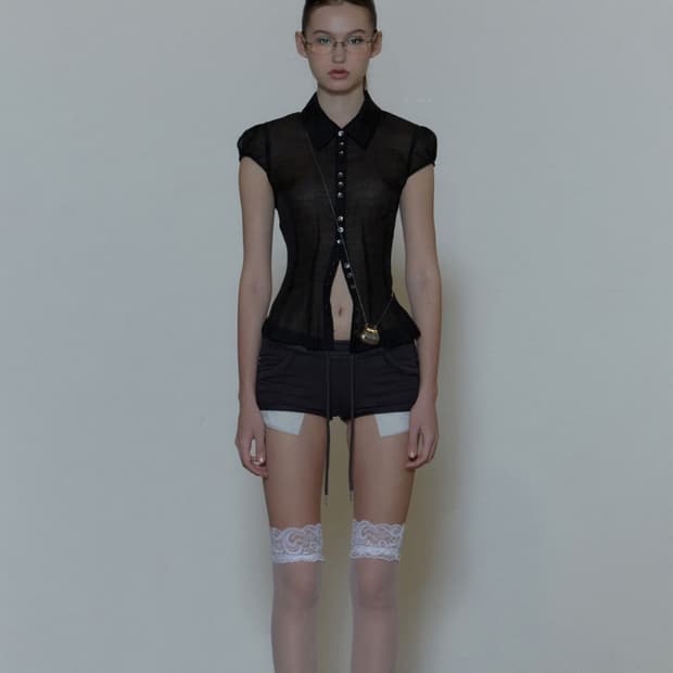 스컬프터 Sheer Pleated Hem Blouse Black 새상품