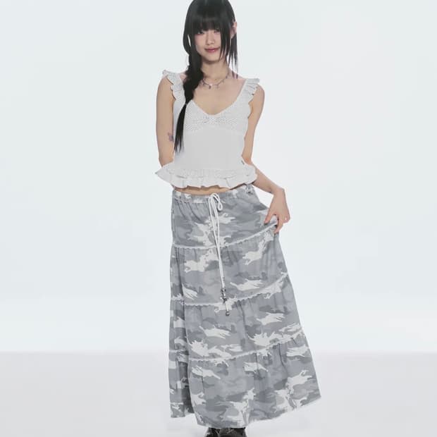 체리퀴리 lace stud cancan long sk - camo