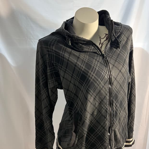 grey check hood zip-up