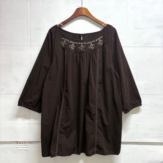 브라운 자수 모리걸 코튼 레이스 미니 원피스 JPN