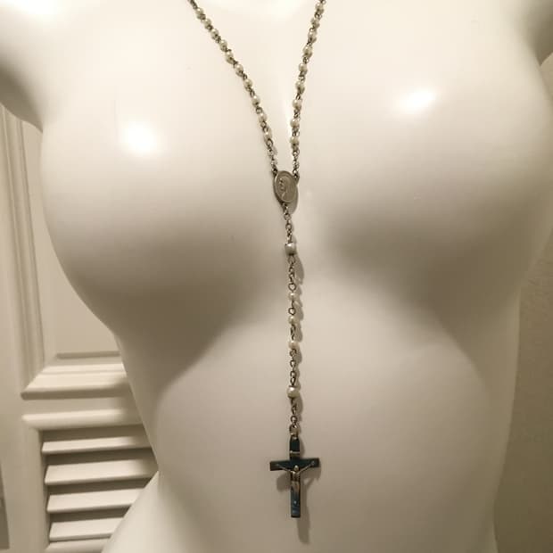 진주 청록 로자리오 십자가 네크리스