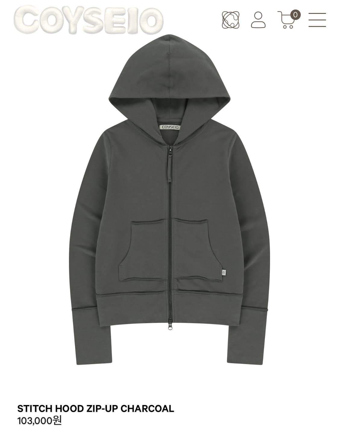 COYSEIO STITCH HOOD ZIP-UP CHARCOAL 韓国 org.jpg