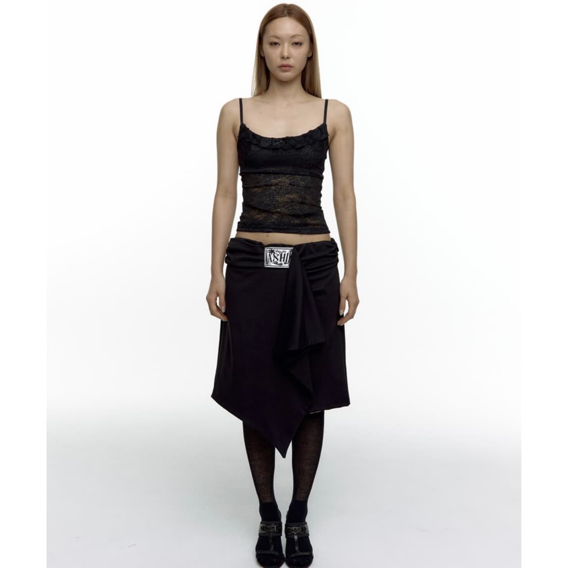 ★KASHIKO★ Embroied Patch Draped Wrap Skirt Kashiko Embroied Patch Draped Wrap Skirt | 후루츠패밀리