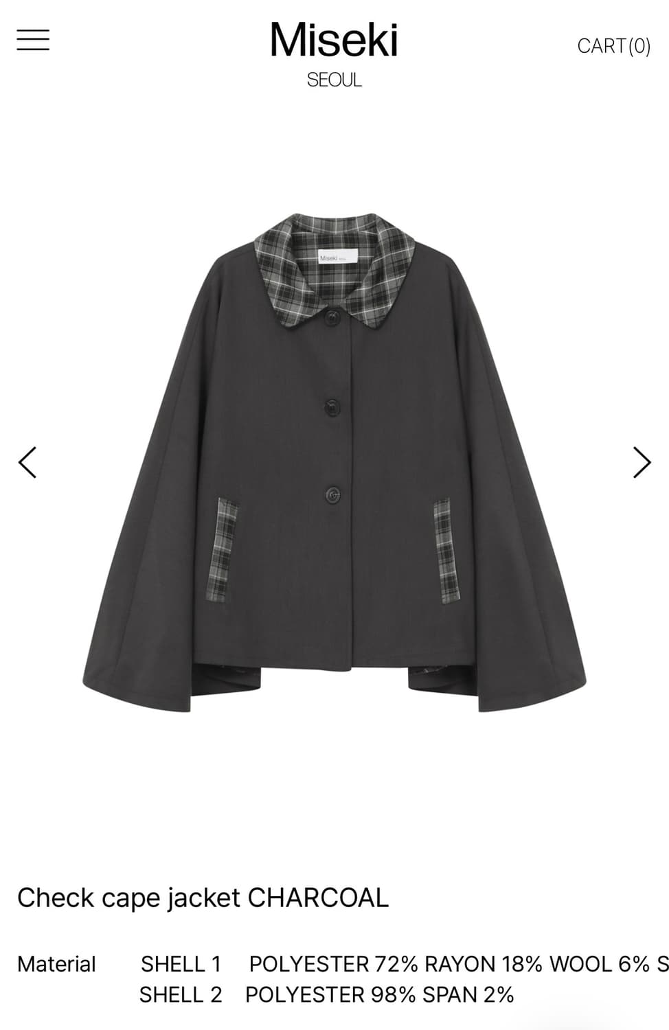 MISEKISEOUL] Check cape jacket CHARCOAL | 후루츠패밀리