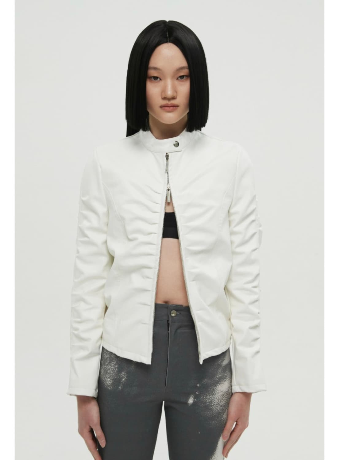 Nache SHIRRING LEATHER JACKET ホワイト
