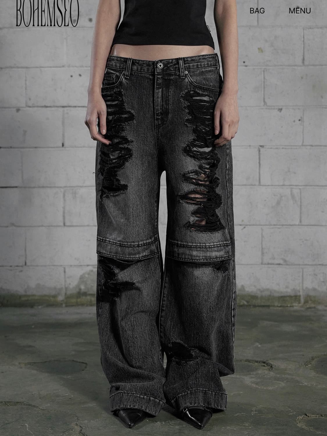 보헤미안서울 KNEE OPEN RIPPED WIDE JEANS, GRAY | 후루츠패밀리