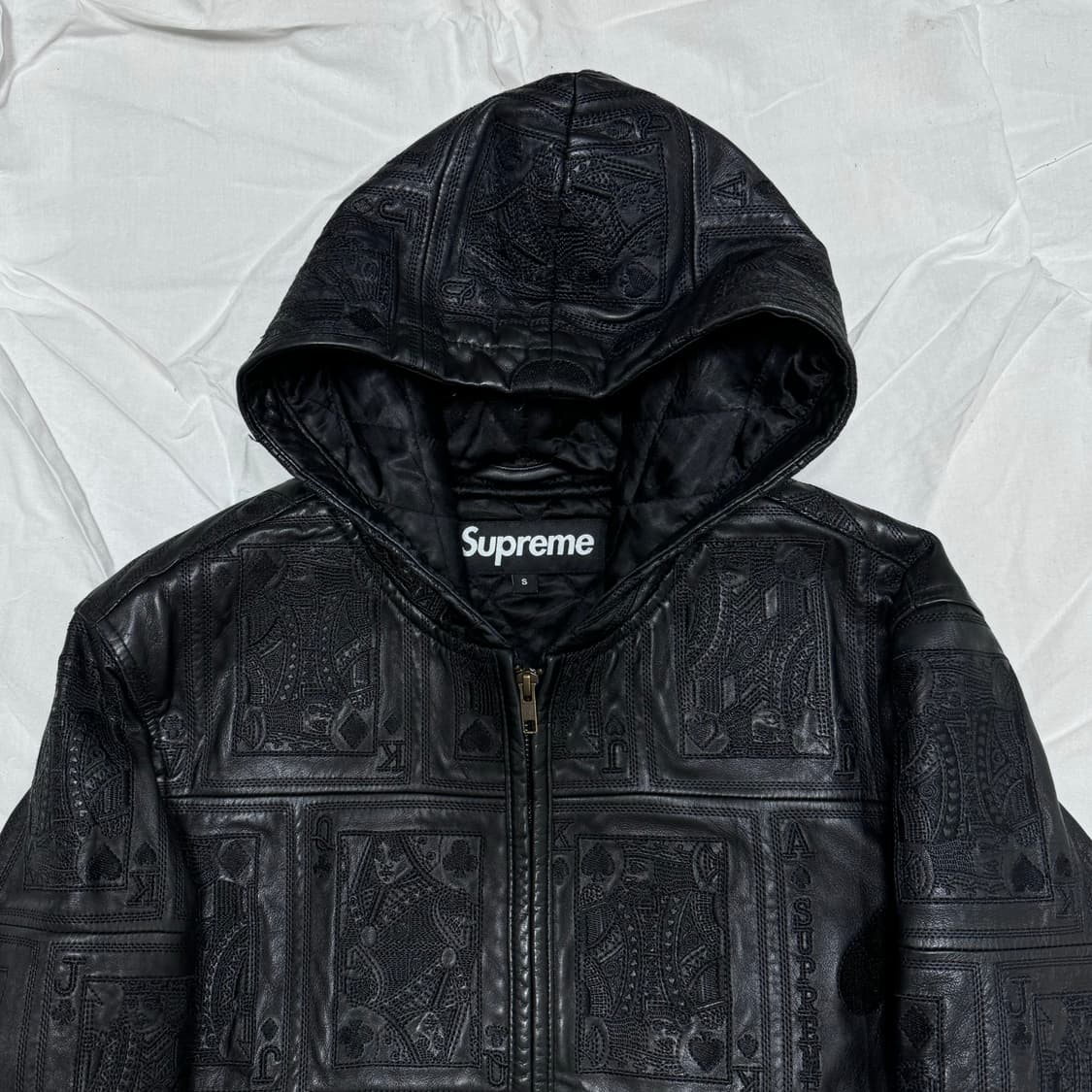 Supreme Court Card Hooded Leather Jacket | 후루츠패밀리