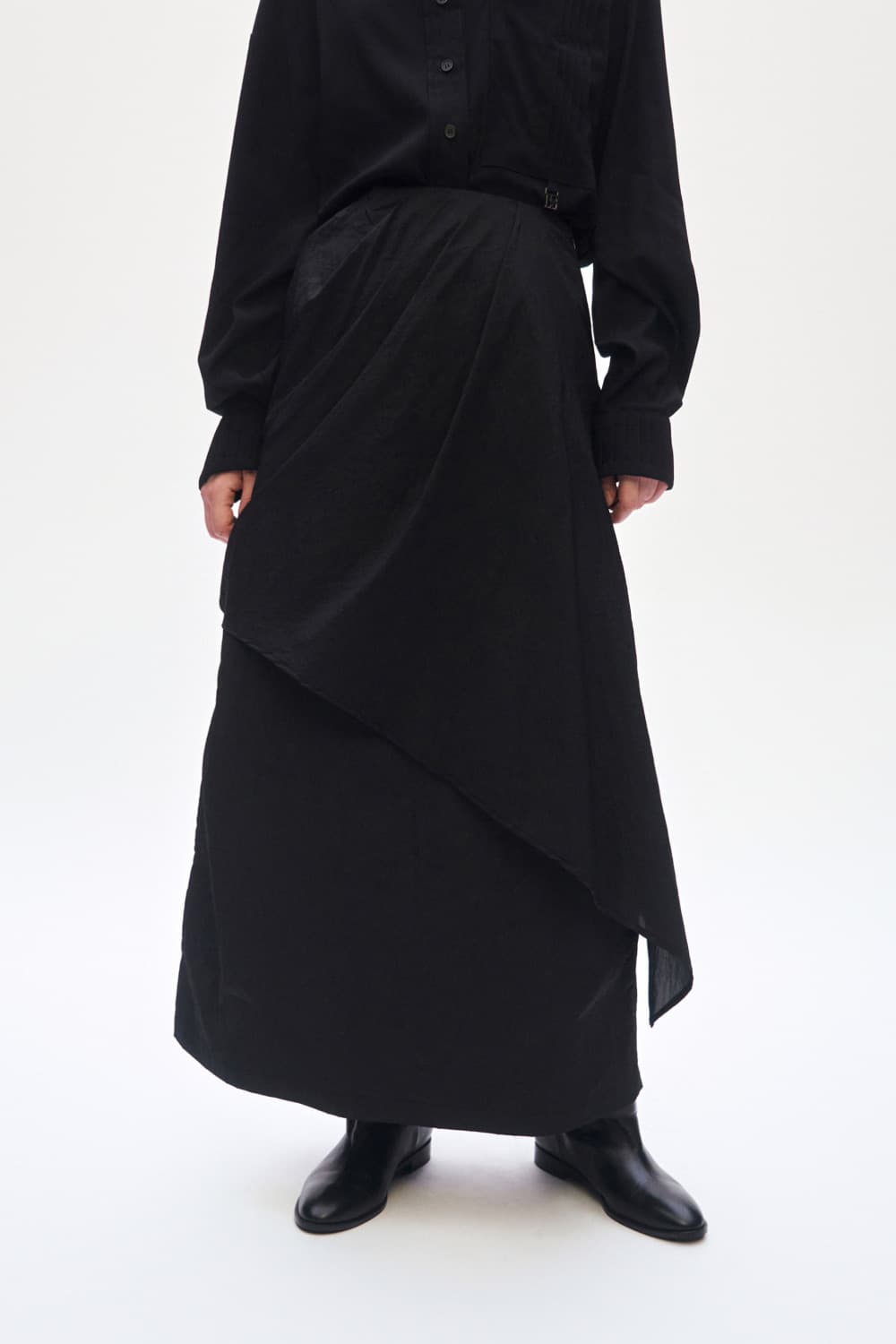 韓国商品/TREEMINGBIRD Drape Long Skirt Drape Long Skirt [ Charcoal ] - TREEMINGBIRD