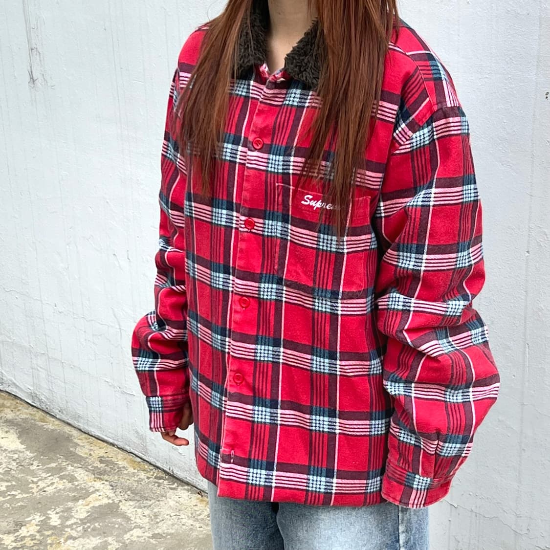 Supreme Faux Fur Collar Flannel Shirt | 후루츠패밀리