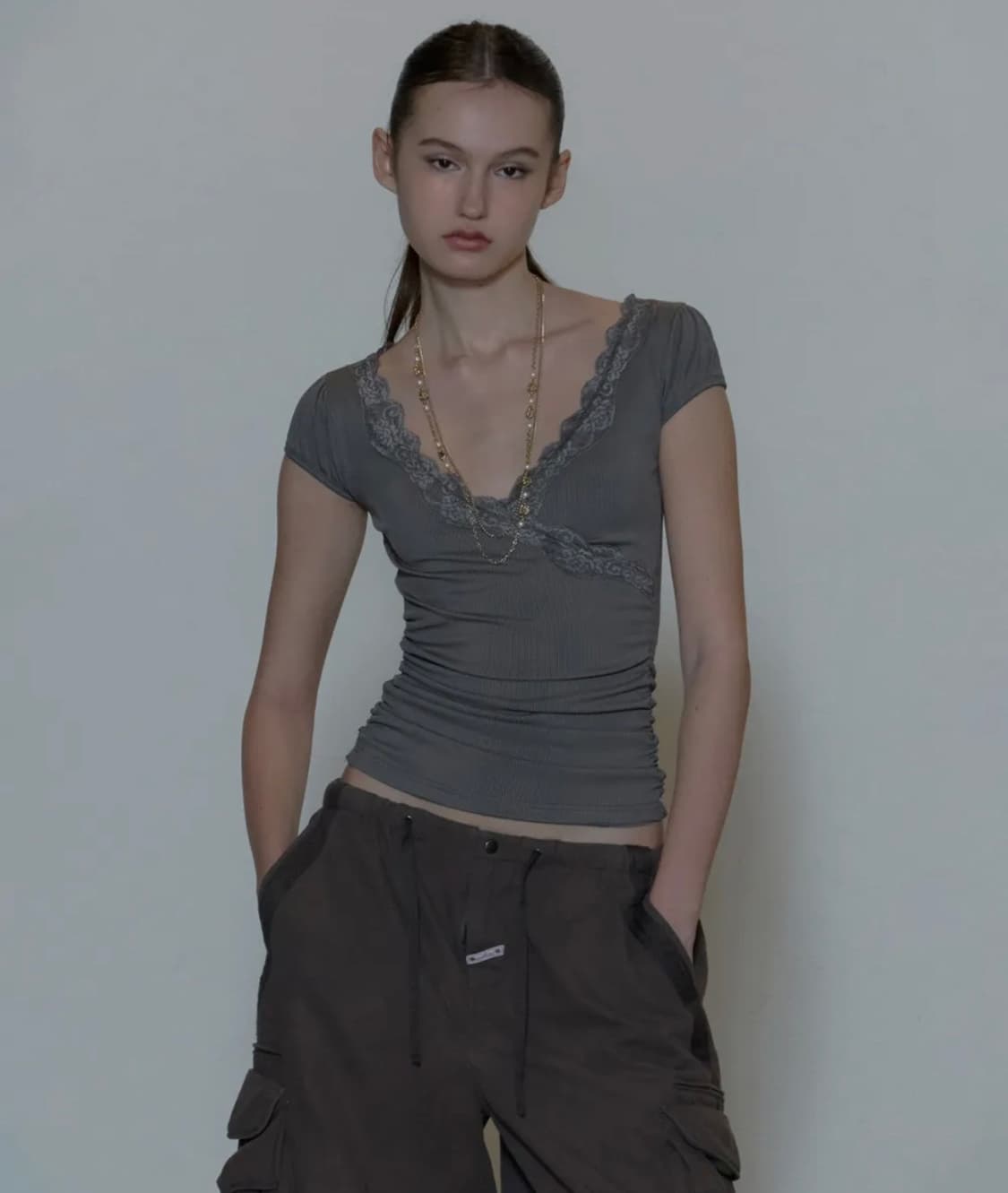 スカルプター Lace Trim Wrap Tee Charcoal L 스컬프터 Lace Trim Wrap Tee Charcoal L사이즈 | 후루츠패밀리