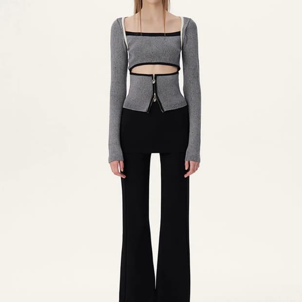 유즈 TWO TONE BOLERO CUT OUT KNIT TOP - BL | 후루츠패밀리