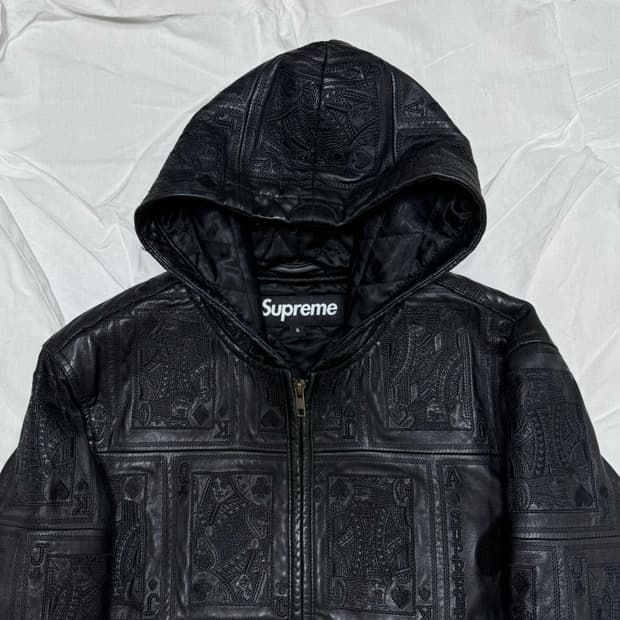 Supreme Court Card Hooded Leather Jacket | 후루츠패밀리