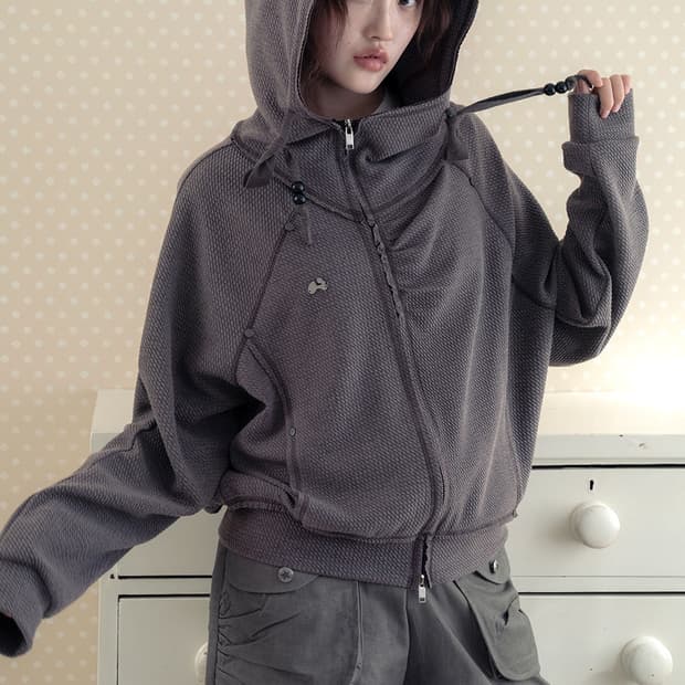 Coyseio stitch hood zip-up charcoal OS | 후루츠패밀리